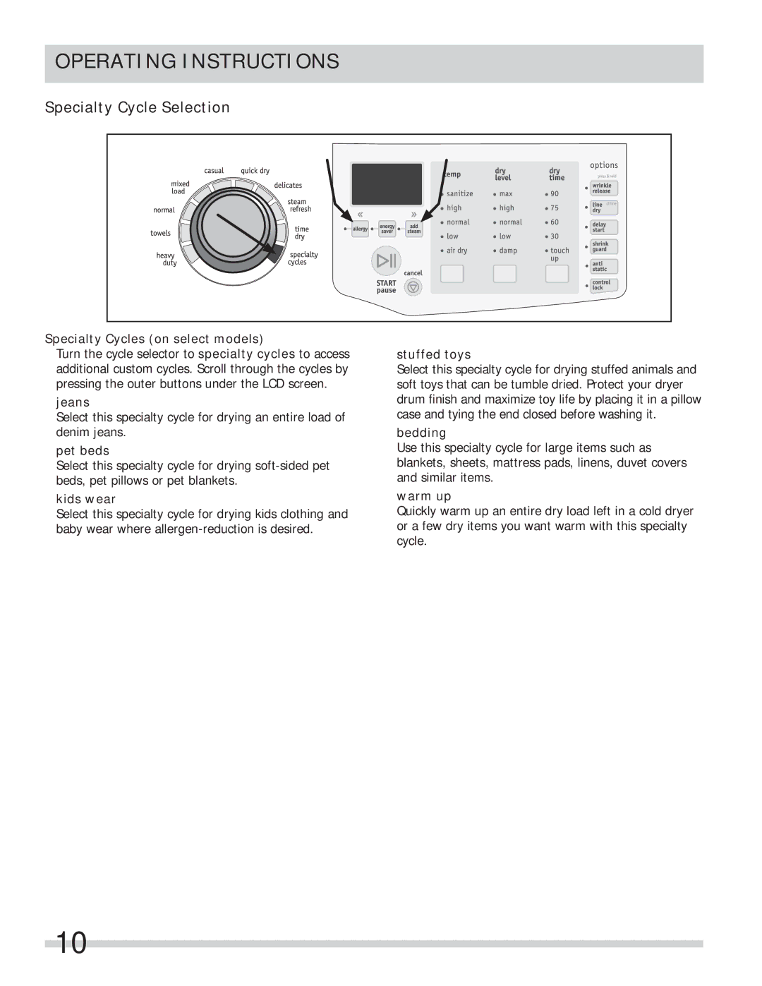 Frigidaire FASE7074NR, FASE7074NW important safety instructions Specialty Cycle Selection 