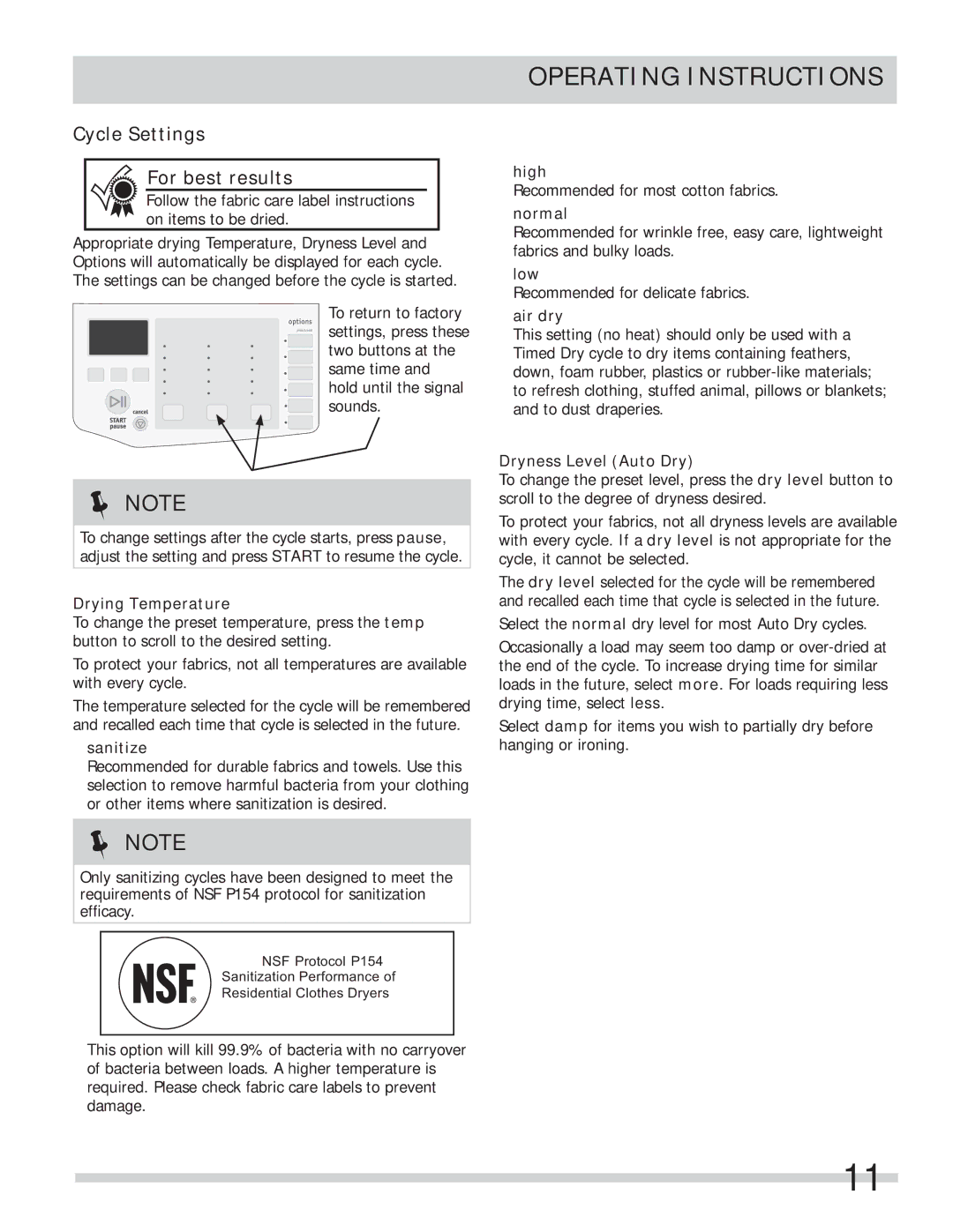 Frigidaire FASE7074NW, FASE7074NR important safety instructions Cycle Settings For best results 