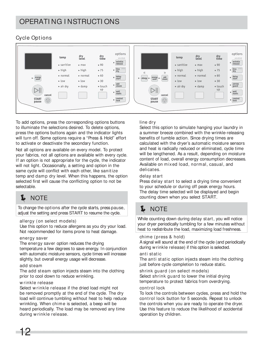 Frigidaire FASE7074NR, FASE7074NW important safety instructions Cycle Options 