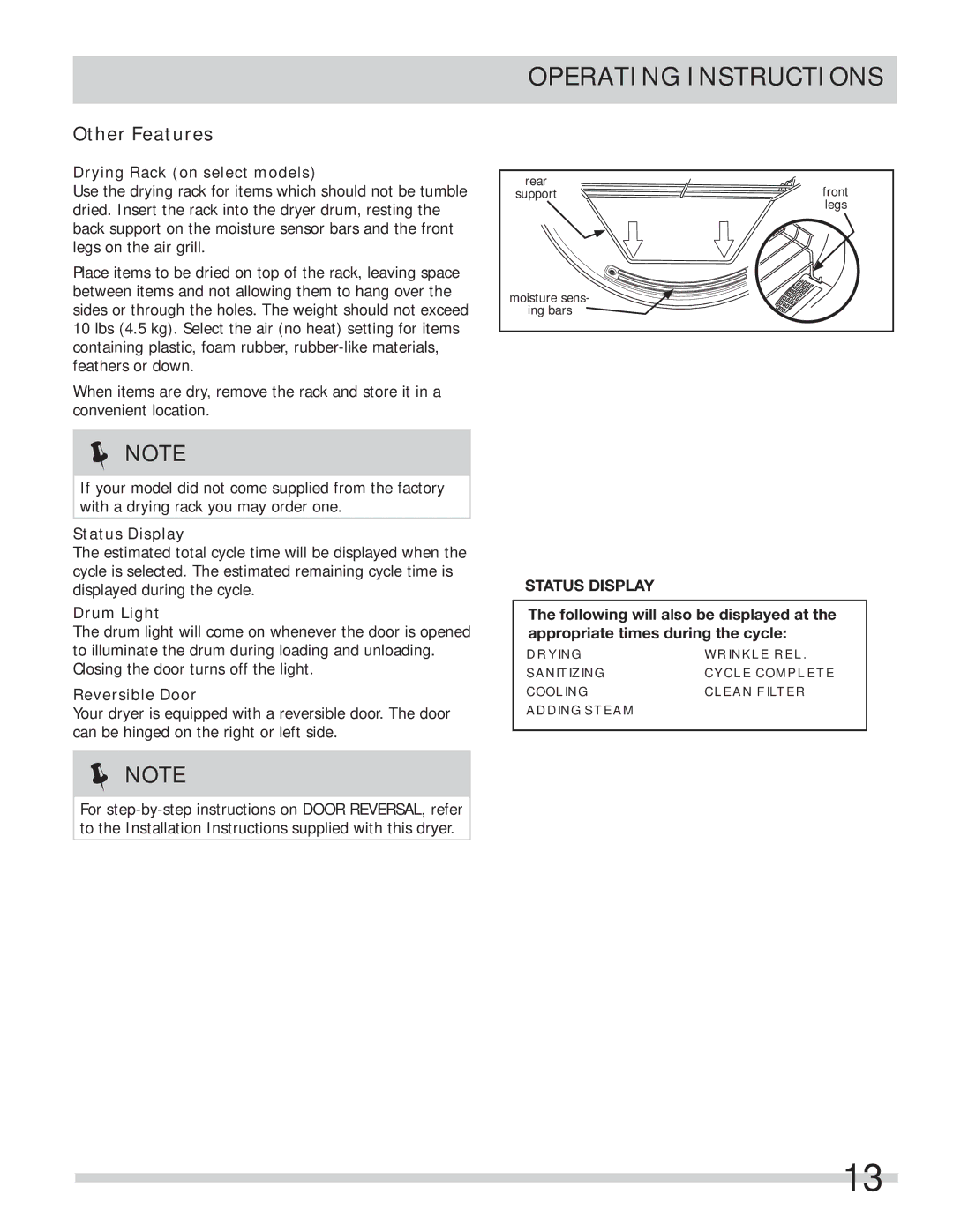 Frigidaire FASE7074NW Other Features, Drying Rack on select models, Status Display, Drum Light, Reversible Door 