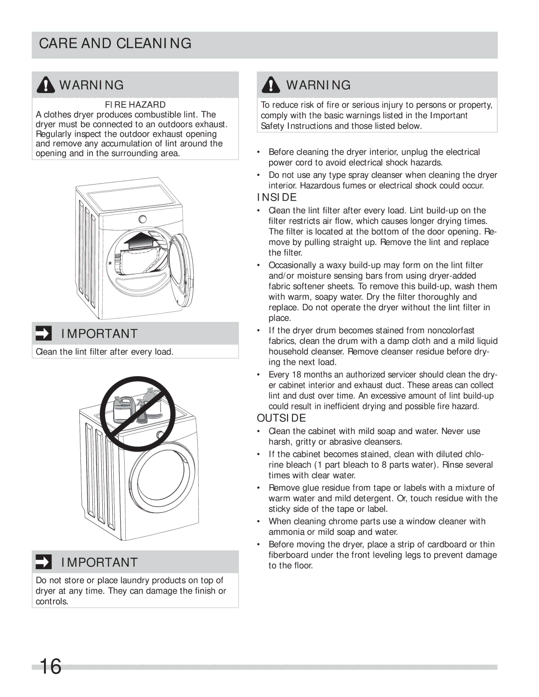 Frigidaire FASE7074NR, FASE7074NW important safety instructions Care and Cleaning, Inside 