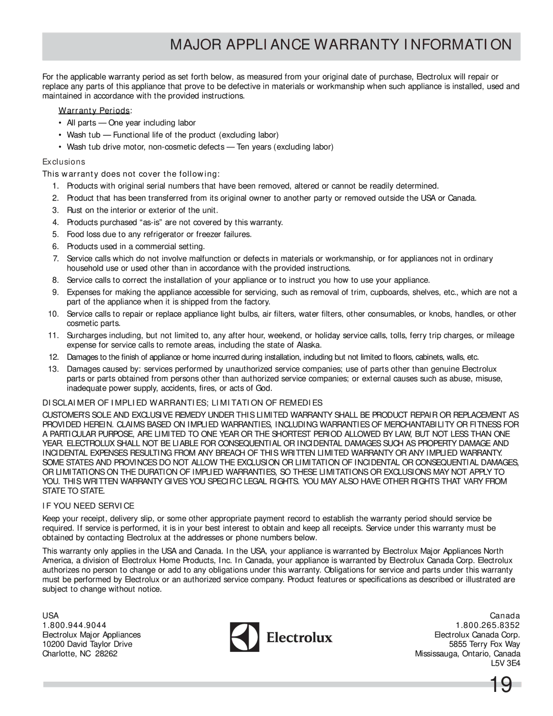 Frigidaire FASE7074NW, FASE7074NR important safety instructions Major Appliance Warranty Information, Warranty Periods 