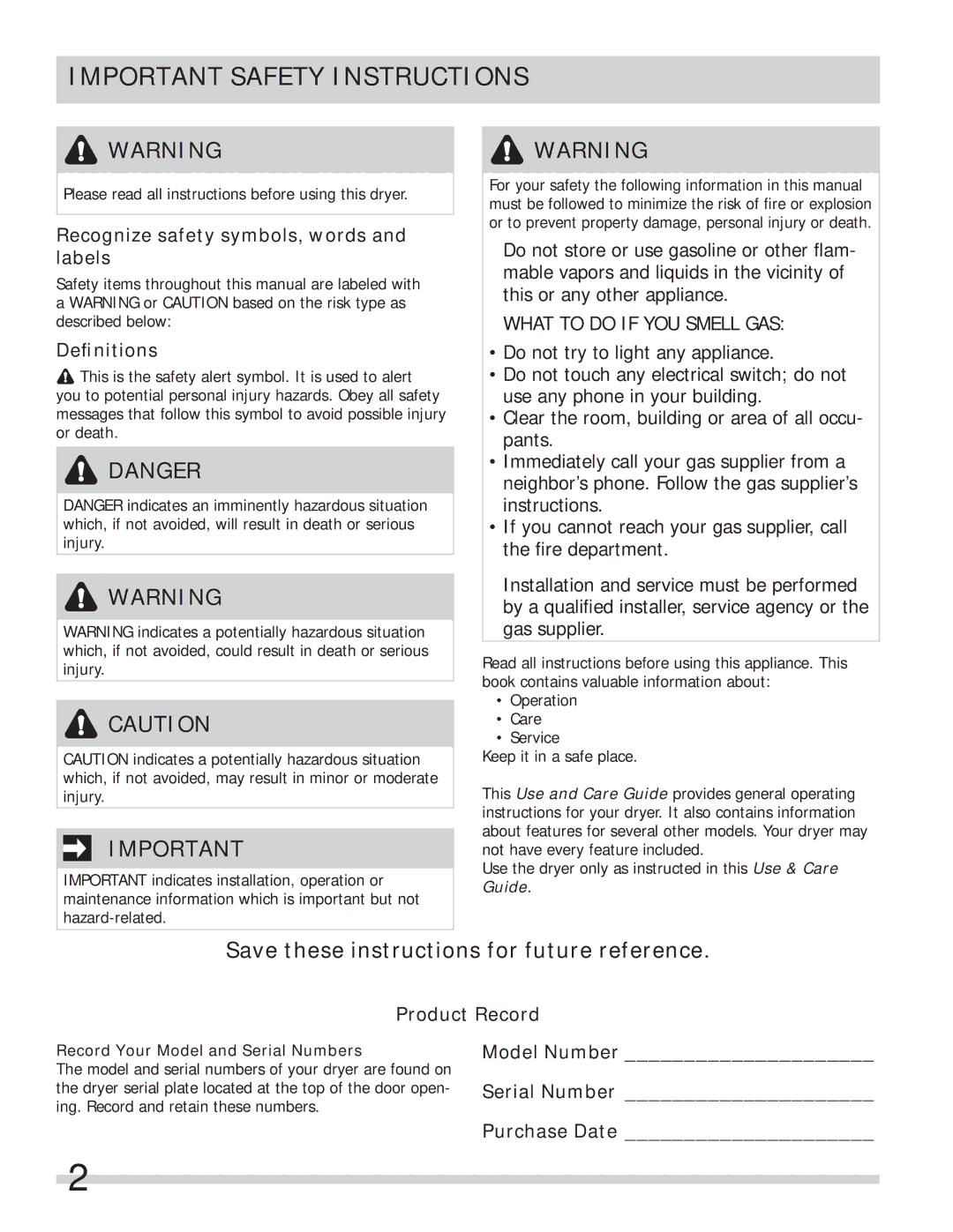 Frigidaire FASE7074NR, FASE7074NW Important Safety Instructions, Recognize safety symbols, words and labels, Deﬁnitions 