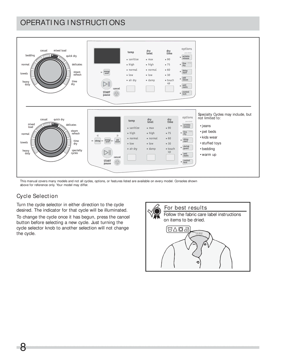 Frigidaire FASE7074NR, FASE7074NW important safety instructions Cycle Selection, For best results 