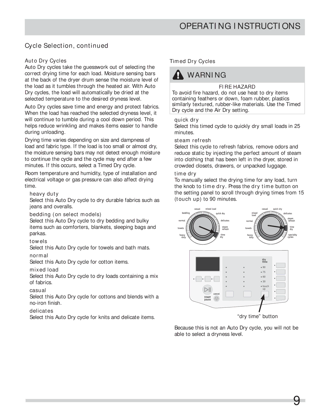 Frigidaire FASE7074NW Auto Dry Cycles, Heavy duty, Bedding on select models, Towels, Normal, Mixed load, Casual, Delicates 