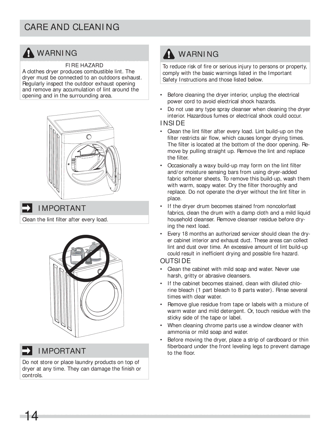 Frigidaire FASG7021NW important safety instructions Care and Cleaning, Inside 