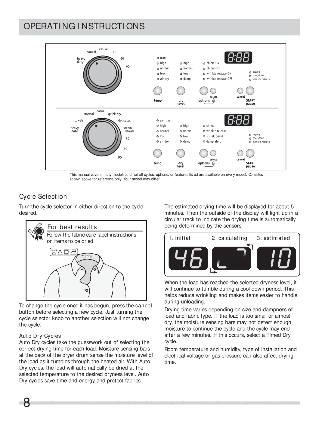 Frigidaire FASG7021NW Cycle Selection, For best results, Auto Dry Cycles, Initial Calculating Estimated 