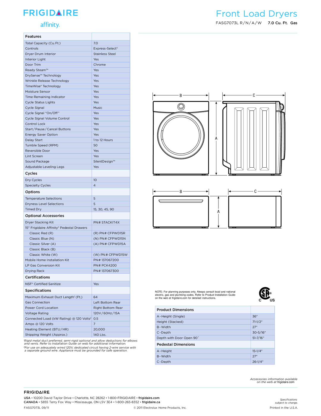 Frigidaire FASG7073R Features, Cycles, Options, Optional Accessories, Certifications, Specifications, Product Dimensions 