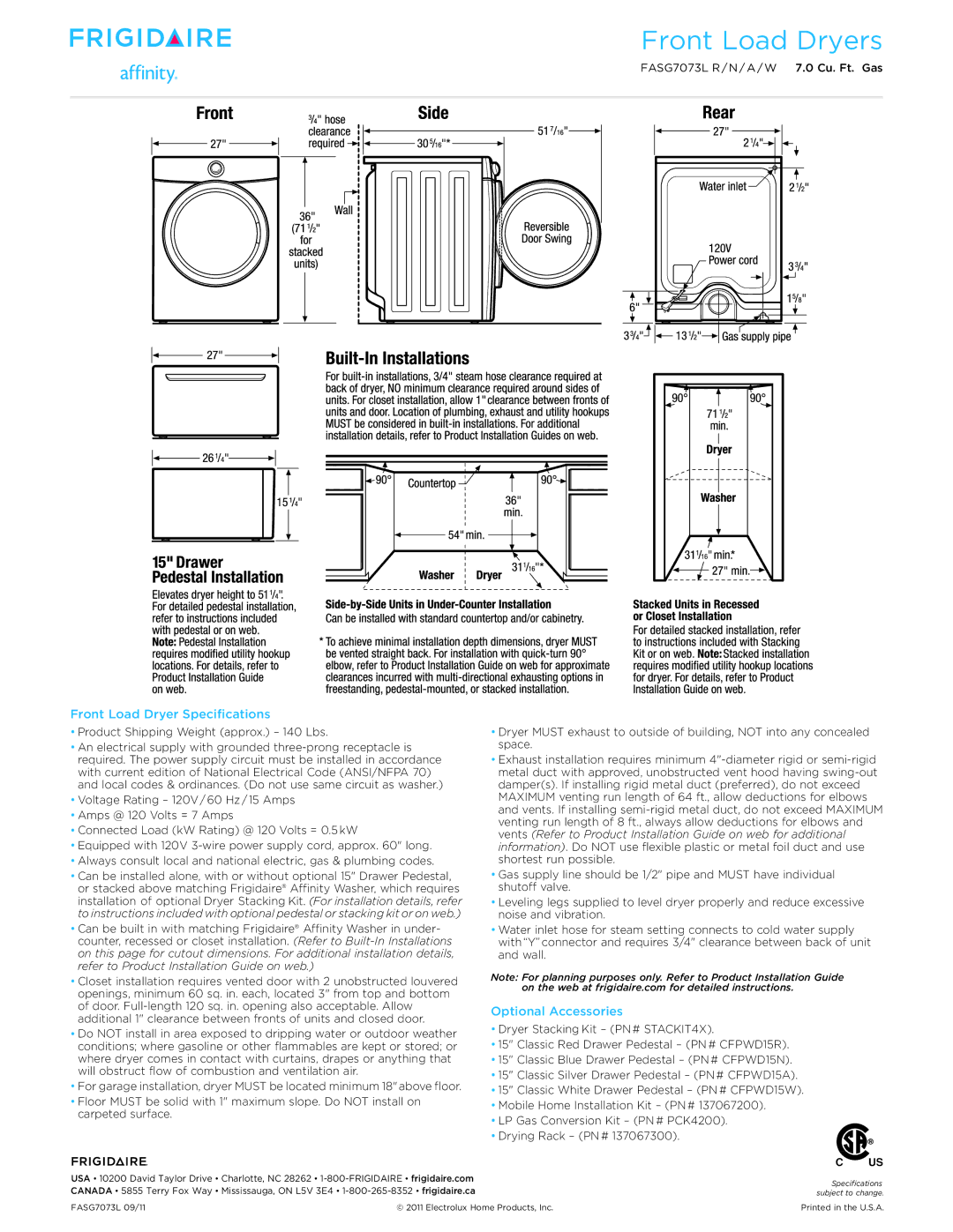 Frigidaire FASG7073N, FASG7073A, FASG7073L, FASG7073R dimensions Front Load Dryer Specifications, Optional Accessories 