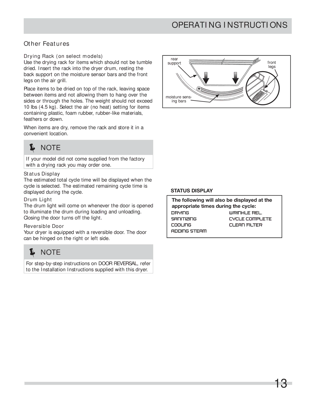 Frigidaire FASG7074NR Other Features, Drying Rack on select models, Status Display, Drum Light, Reversible Door 