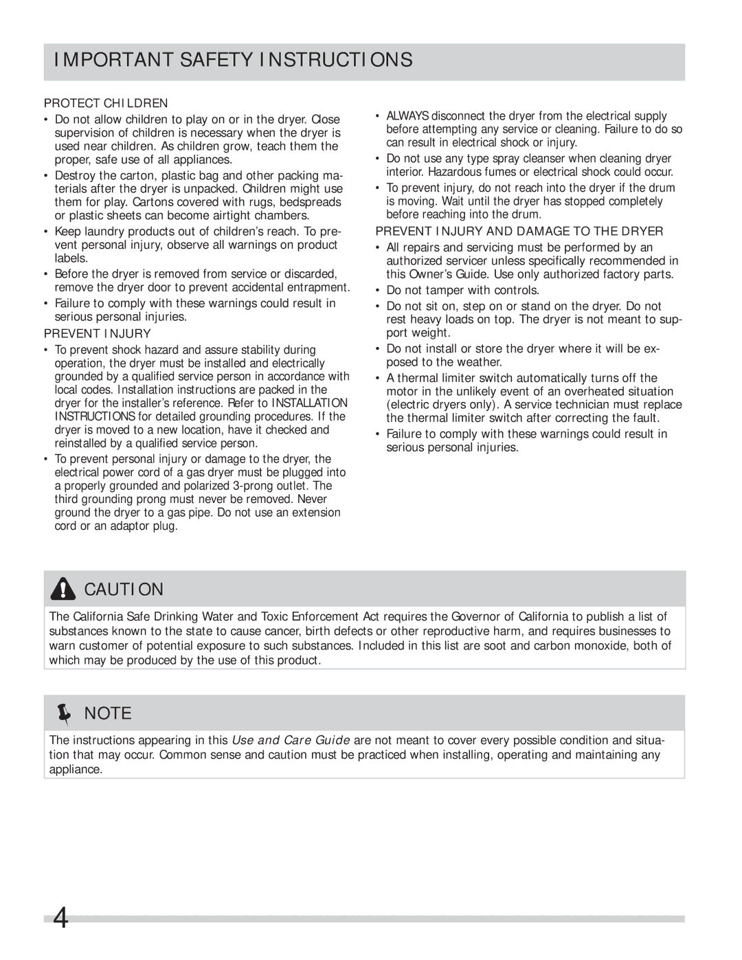 Frigidaire FASG7073NR, FASG7073NA, FASG7074NA, FASG7073NW, FASG7074NR important safety instructions Protect Children 