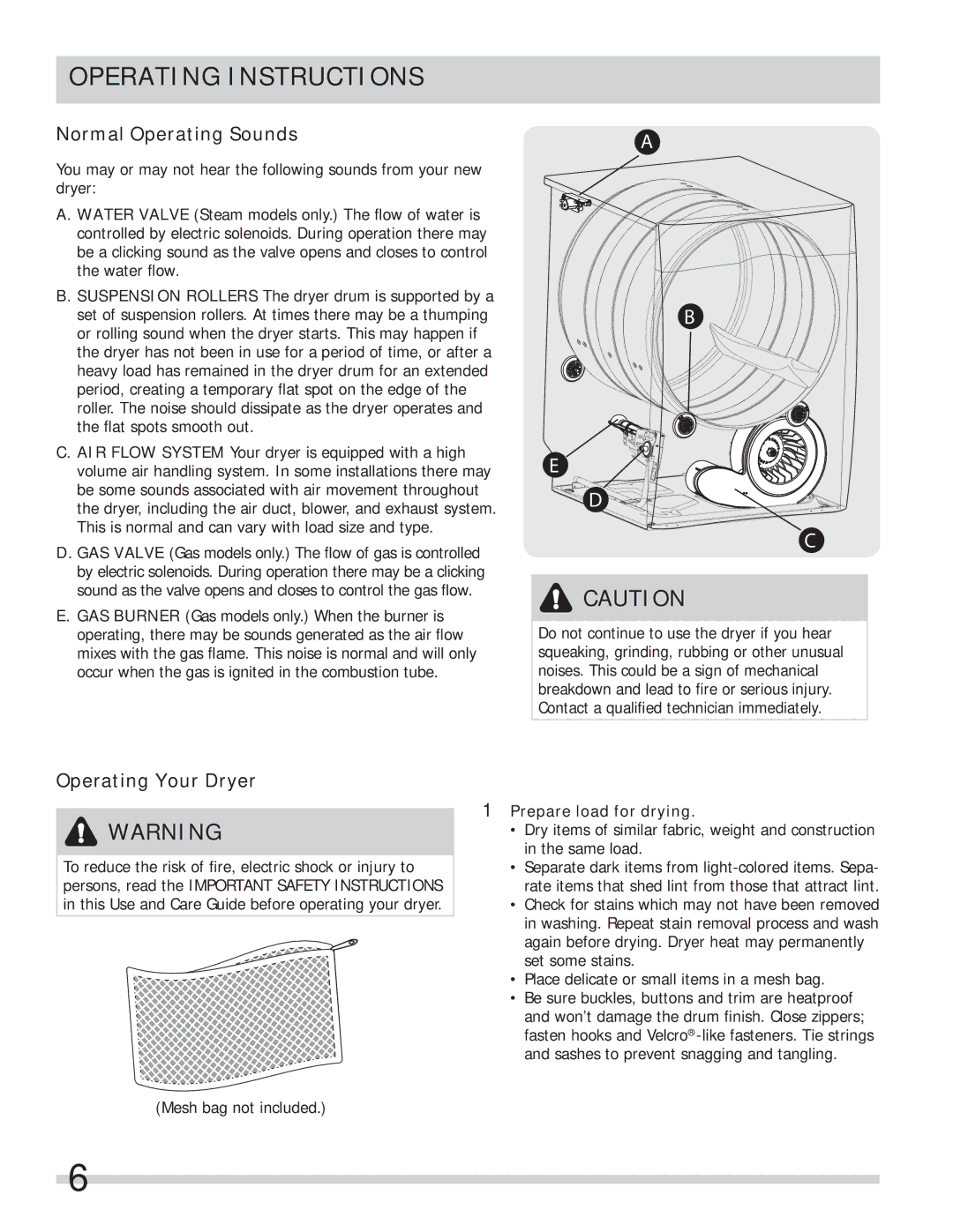 Frigidaire FASG7074NA Operating Instructions, Normal Operating Sounds, Operating Your Dryer, Prepare load for drying 