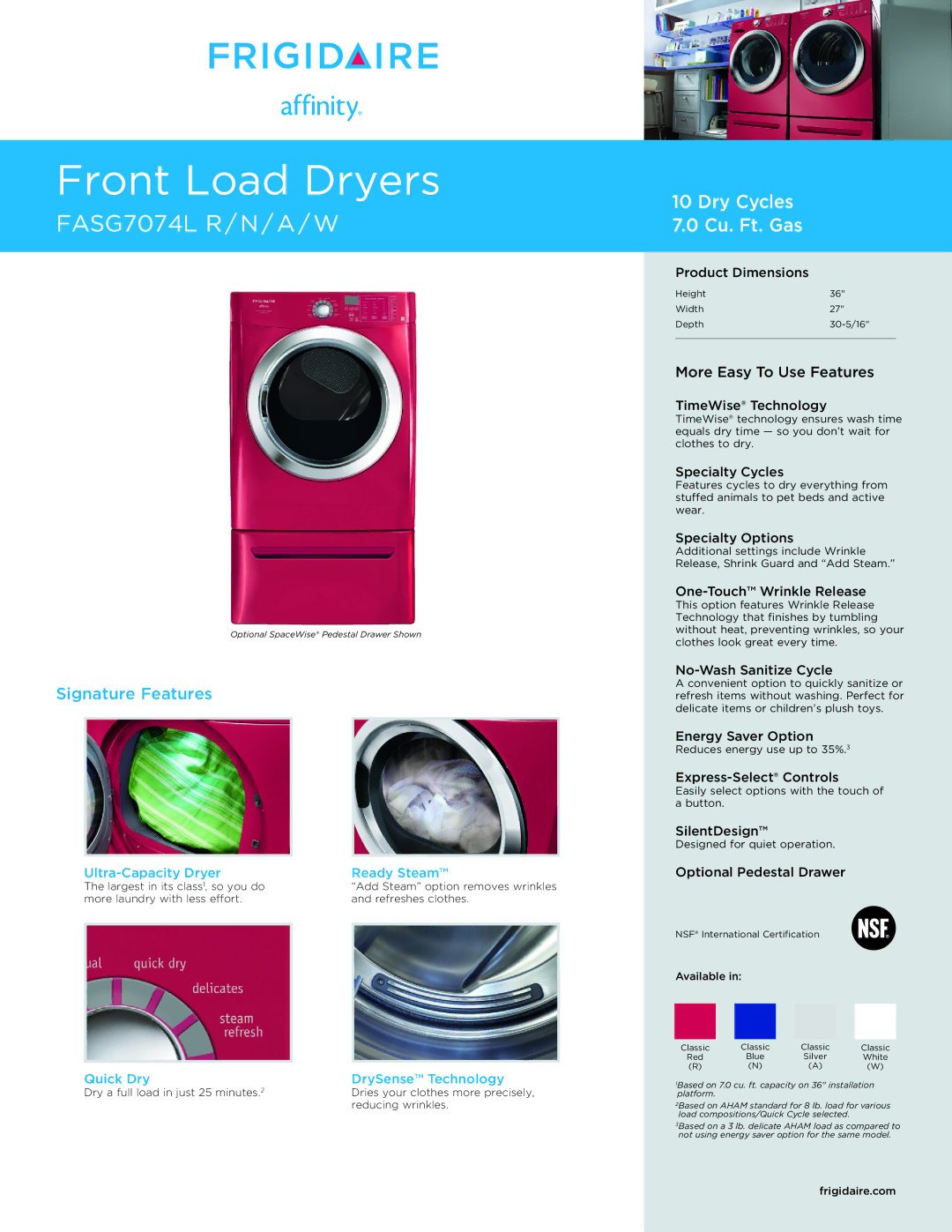 Frigidaire FASG7074L dimensions Ultra-Capacity Dryer Ready Steam, Quick Dry DrySense Technology 