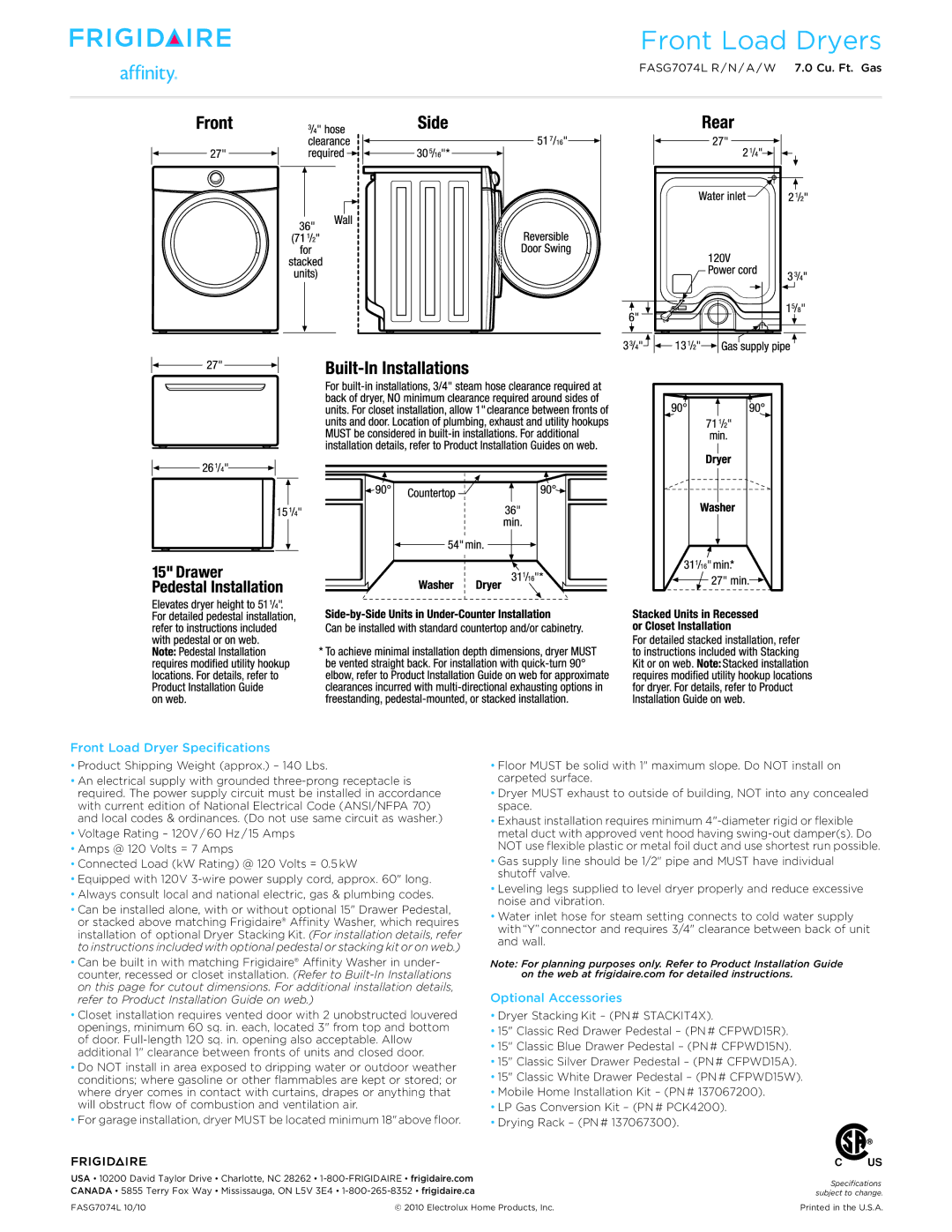 Frigidaire FASG7074L dimensions Front Load Dryer Specifications, Optional Accessories 