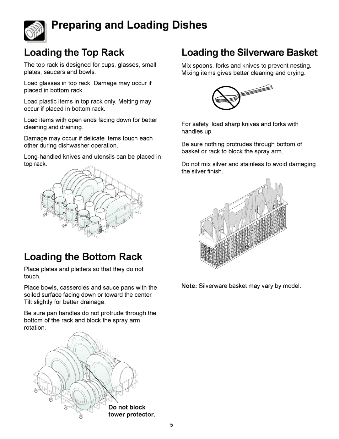 Frigidaire FBD2400KQ, FBD2400KB, FBD2400KW Loading the Top Rack, Loading the Silverware Basket, Loading the Bottom Rack 