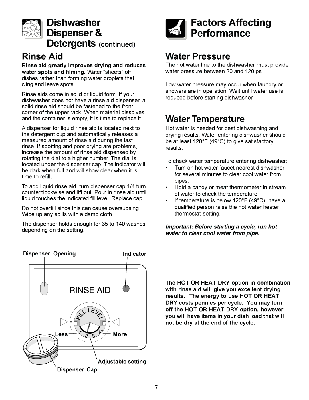 Frigidaire FBD2400KW, FBD2400KB Dishwasher Dispenser Detergents, Factors Affecting Performance, Rinse Aid, Water Pressure 