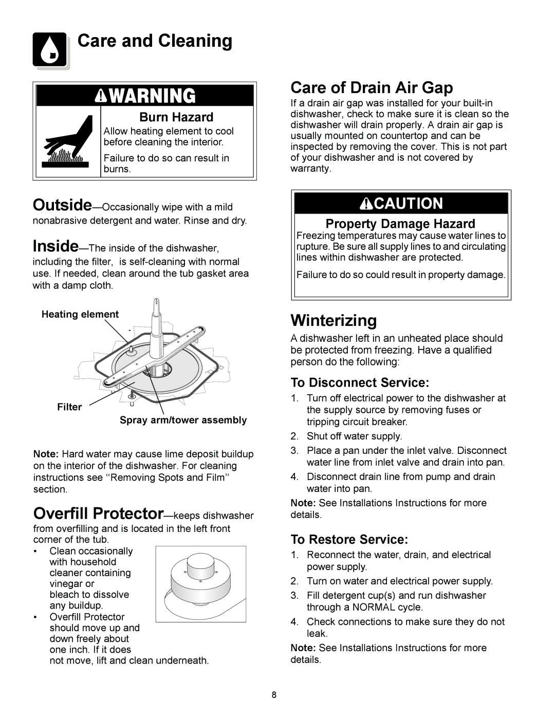 Frigidaire FBD2400KQ, FBD2400KB Care and Cleaning, Overfill Protector-keeps dishwasher, Care of Drain Air Gap, Winterizing 