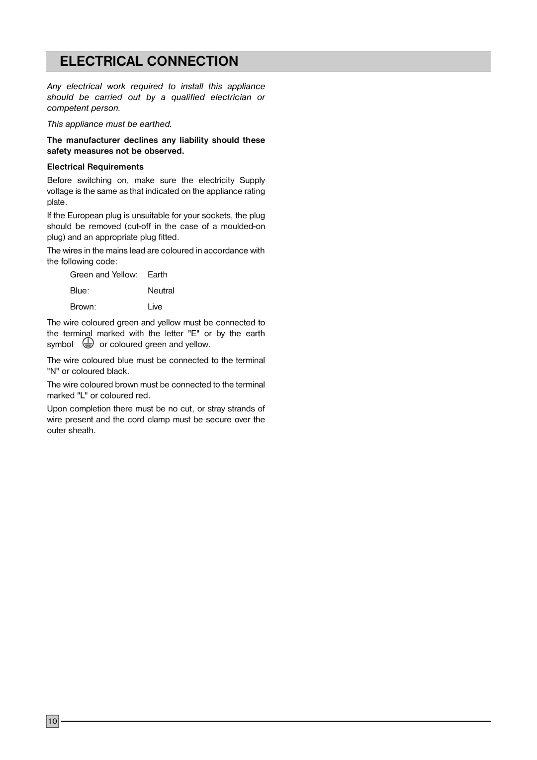 Frigidaire FCFH 183 BW, FCFH 53 BW, FCFH 103 BW installation manual Electrical Connection 