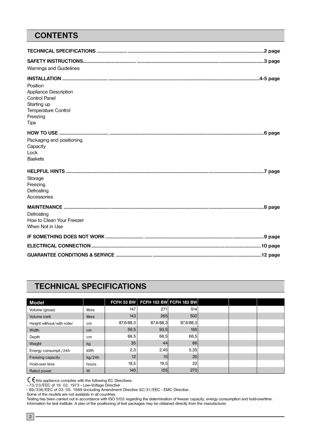 Frigidaire FCFH 103 BW, FCFH 53 BW, FCFH 183 BW installation manual Contents, Technical Specifications 