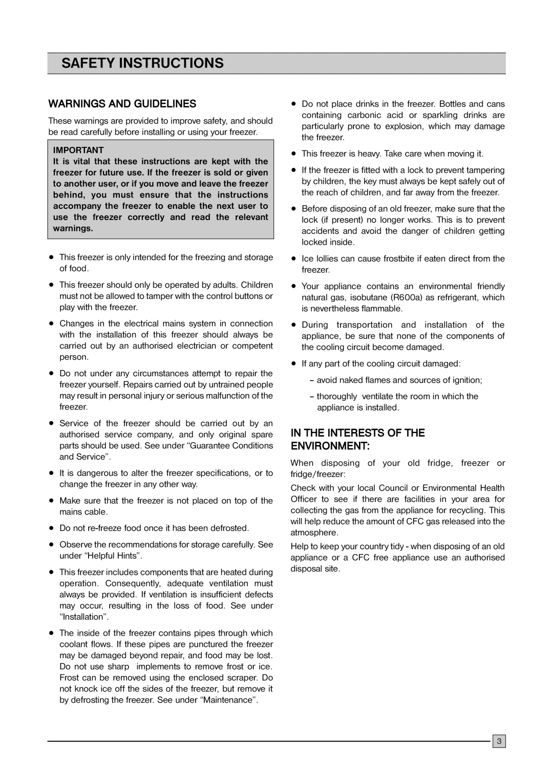 Frigidaire FCFH 53 BW, FCFH 183 BW, FCFH 103 BW installation manual Safety Instructions, Interests Environment 