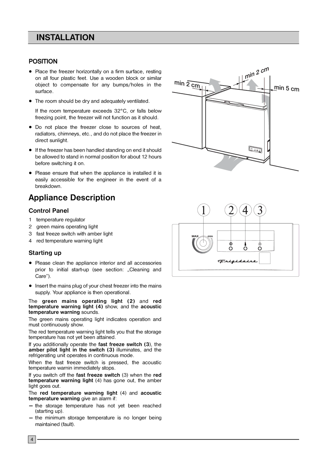 Frigidaire FCFH 183 BW, FCFH 53 BW, FCFH 103 BW installation manual Installation, Position 