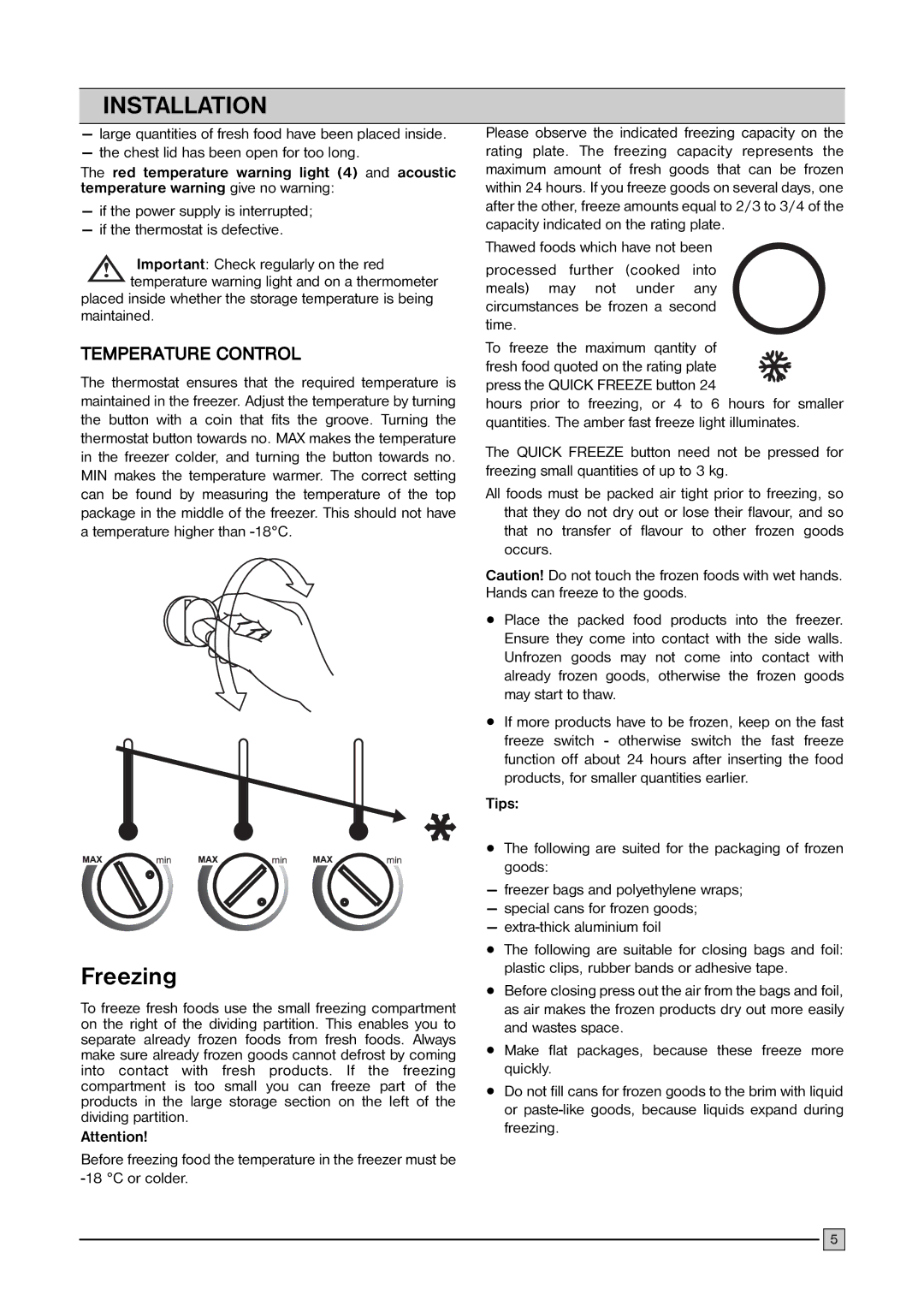 Frigidaire FCFH 103 BW, FCFH 53 BW, FCFH 183 BW installation manual Freezing, Temperature Control 