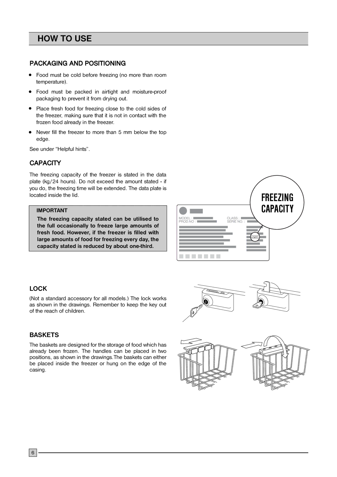 Frigidaire FCFH 53 BW, FCFH 183 BW, FCFH 103 BW installation manual HOW to USE, Lock, Baskets, Freezing Capacity 