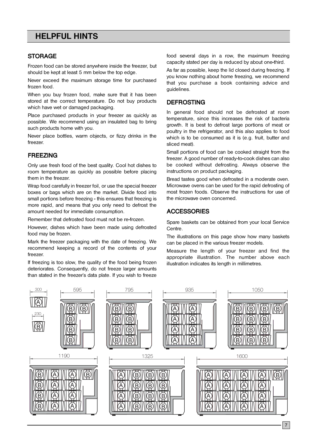 Frigidaire FCFH 183 BW, FCFH 53 BW, FCFH 103 BW installation manual Helpful Hints, Storage, Freezing, Defrosting, Accessories 