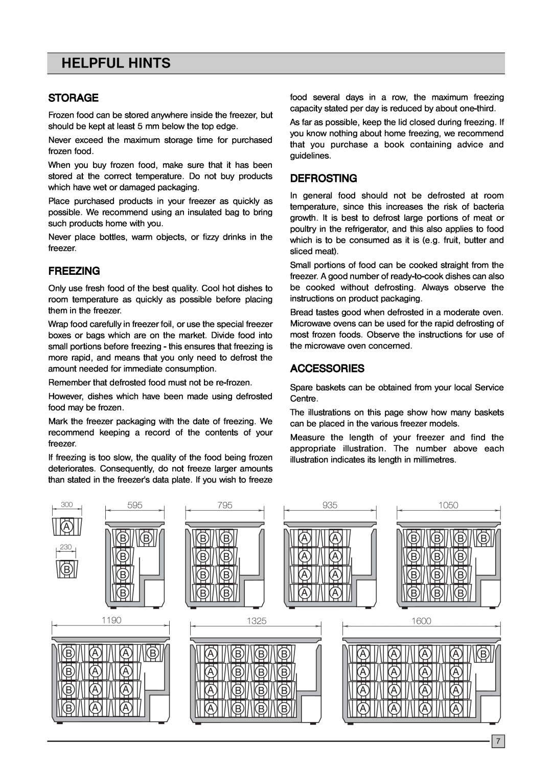 Frigidaire FCFH 183 BW, FCFH 53 BW, FCFH 103 BW installation manual Helpful Hints, Storage, Freezing, Defrosting, Accessories 