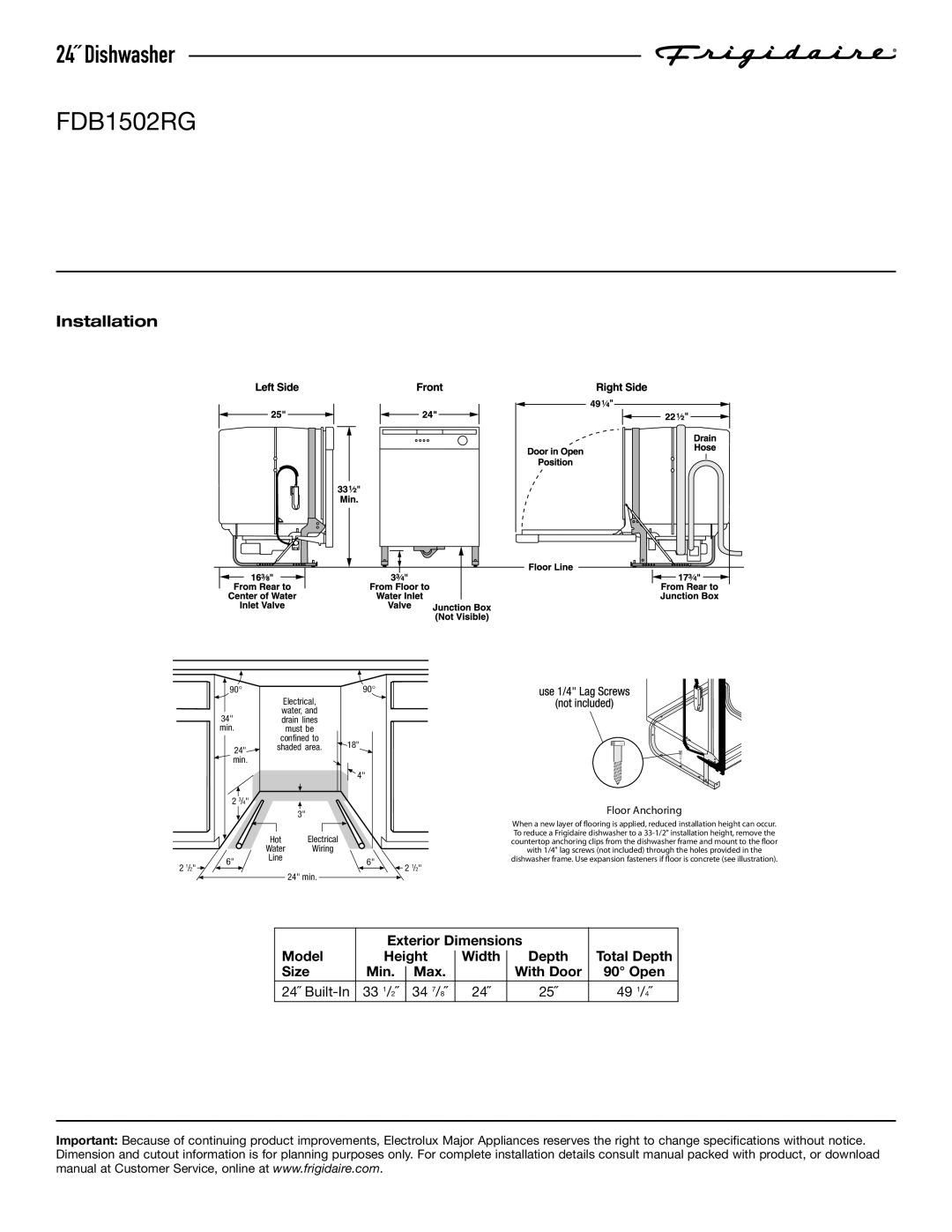 Frigidaire specifications 24˝ Dishwasher FDB1502RG, Installation, Exterior Dimensions, Model, Height, Width, Depth 
