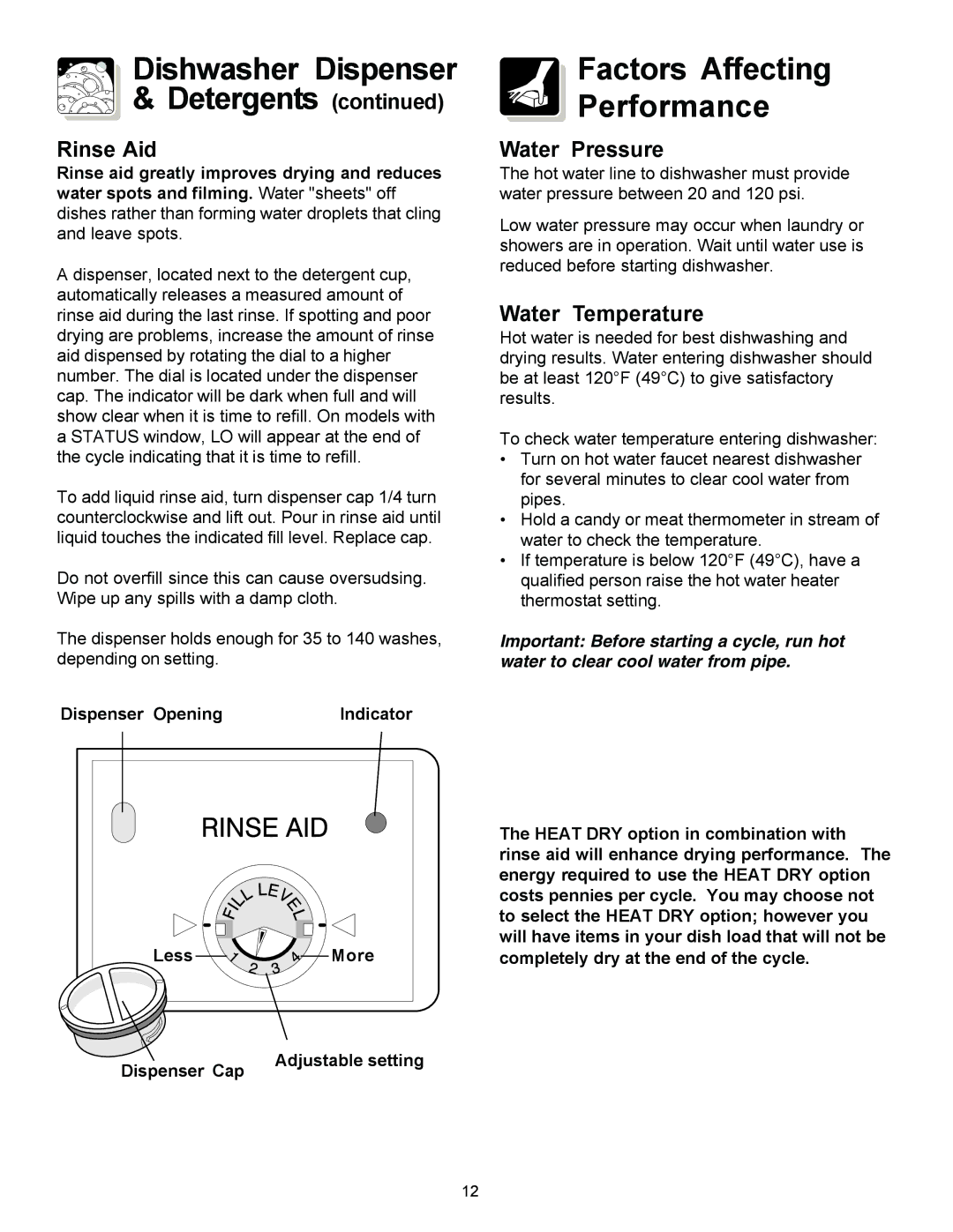 Frigidaire FDB2410HIB, 154575701 Dishwasher Dispenser Detergents, Factors Affecting Performance, Rinse Aid, Water Pressure 