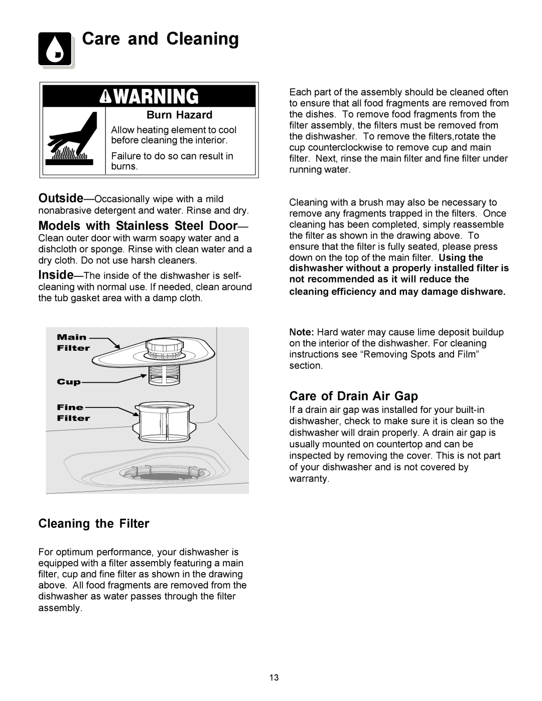 Frigidaire FDB2410HIS Care and Cleaning, Models with Stainless Steel Door, Cleaning the Filter, Care of Drain Air Gap 