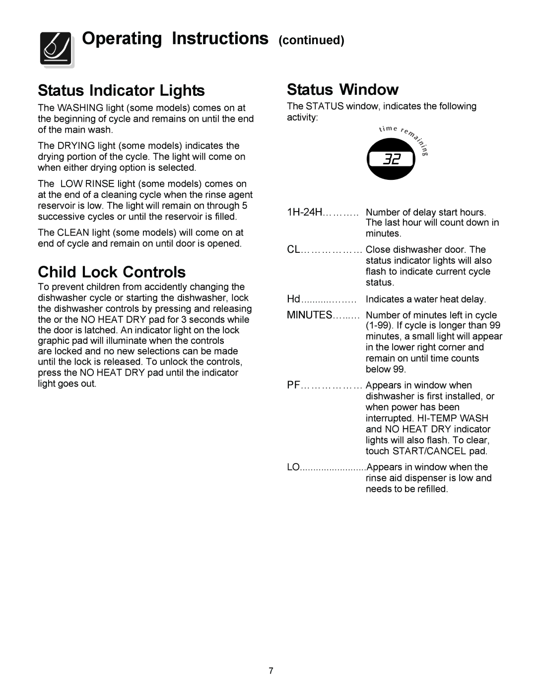 Frigidaire FDB2410HIS, FDB2410HIB, 154575701 warranty Status Indicator Lights, Child Lock Controls, Status Window 