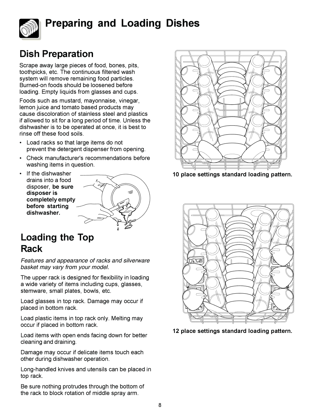 Frigidaire 154575701, FDB2410HIB, FDB2410HIS warranty Preparing and Loading Dishes, Dish Preparation, Loading the Top Rack 