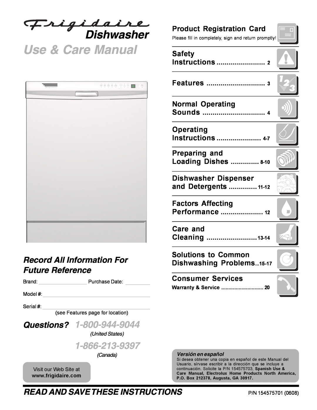 Frigidaire FDB2410HIS warranty Product Registration Card, Safety, Normal Operating, Preparing and, Loading Dishes 