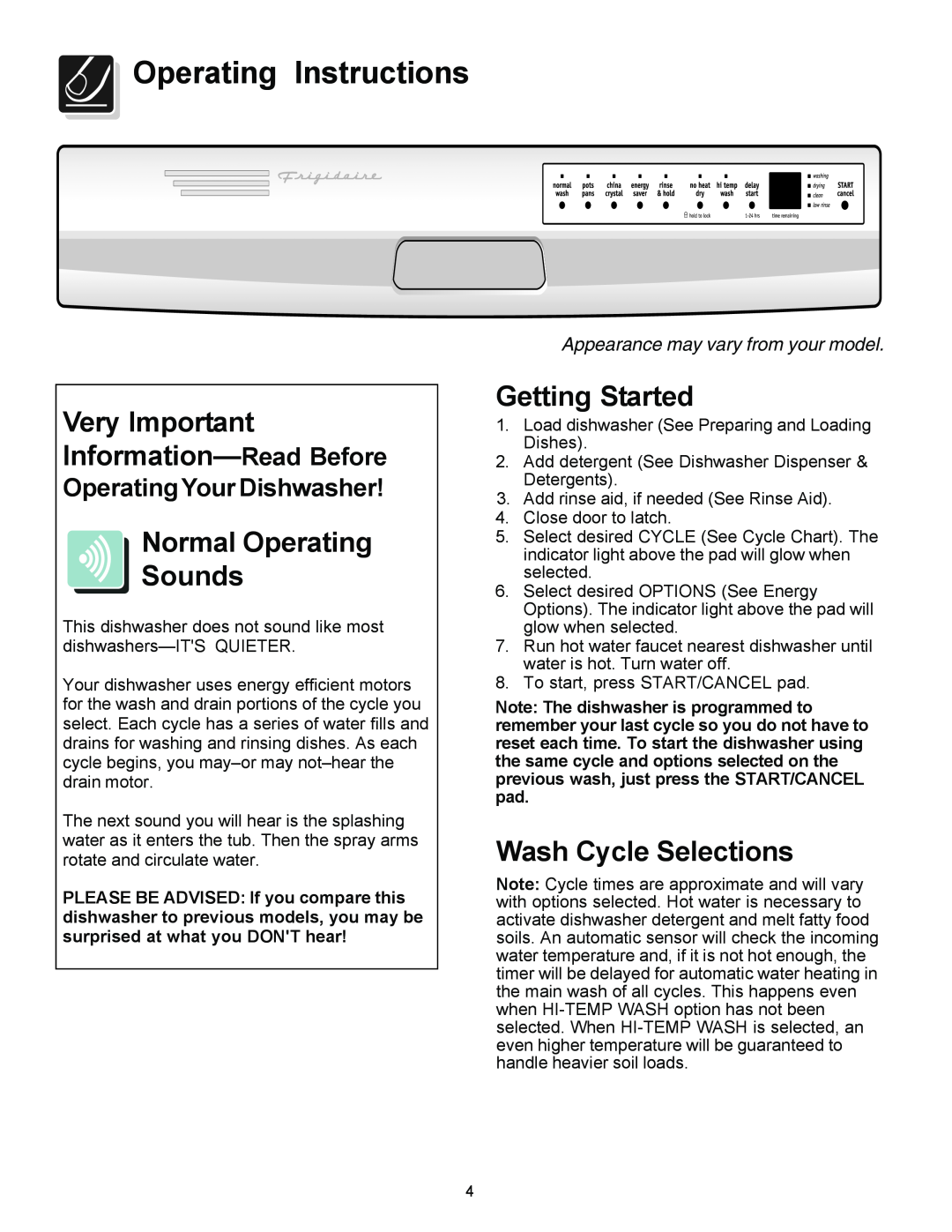 Frigidaire FDB2410HIS, FDB2410HIB Operating Instructions, Very Important Information-Read Before, Normal Operating Sounds 