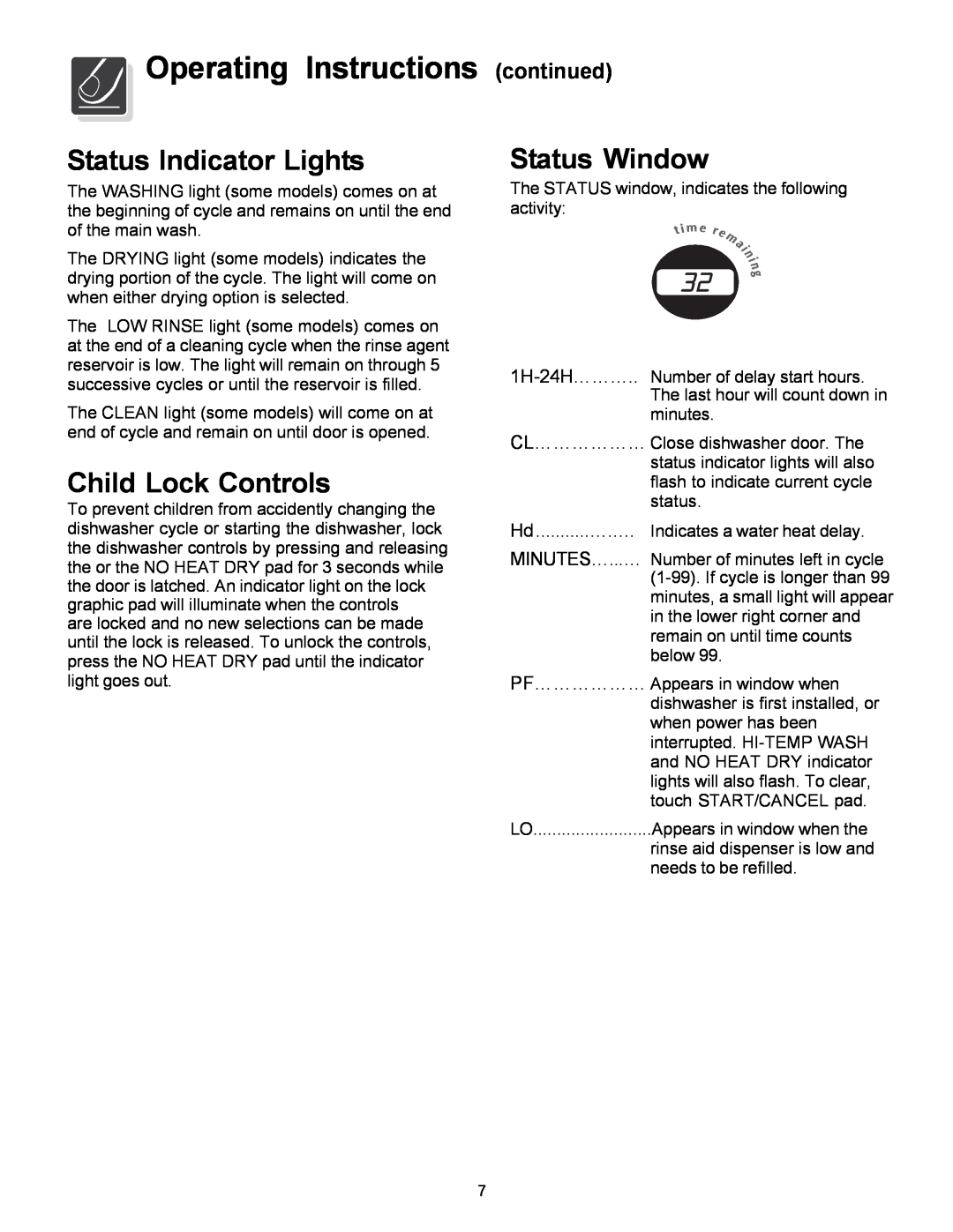 Frigidaire FDB2410HIS Status Indicator Lights, Child Lock Controls, Status Window, Operating Instructions continued 