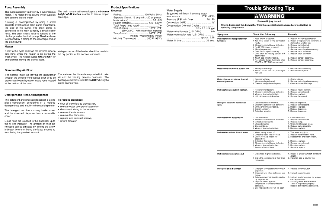 Frigidaire FDB2410HIC specifications Pump Assembly, Product Specifications, Heater, Standard Dry Air Flow 