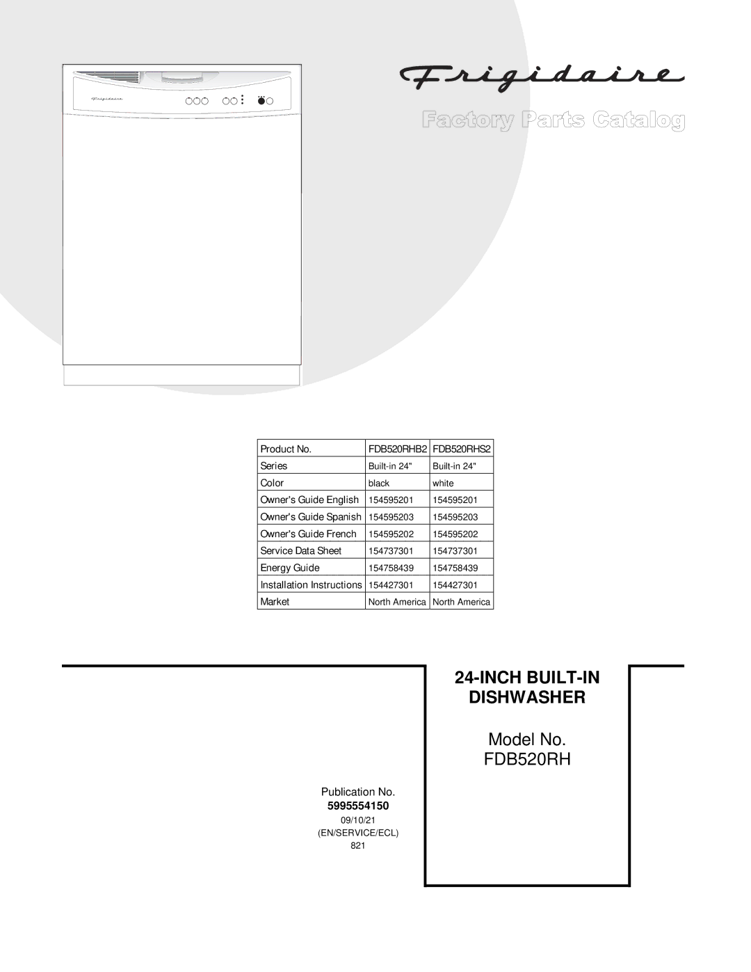 Frigidaire FDB520RHB2 installation instructions Dishwasher 