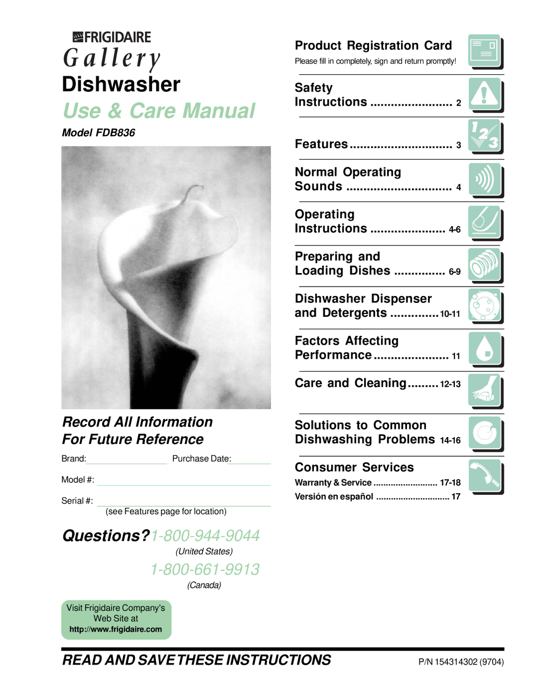 Frigidaire FDB836 manual Product Registration Card, Safety, Normal Operating, Preparing, Dishwasher Dispenser Detergents 