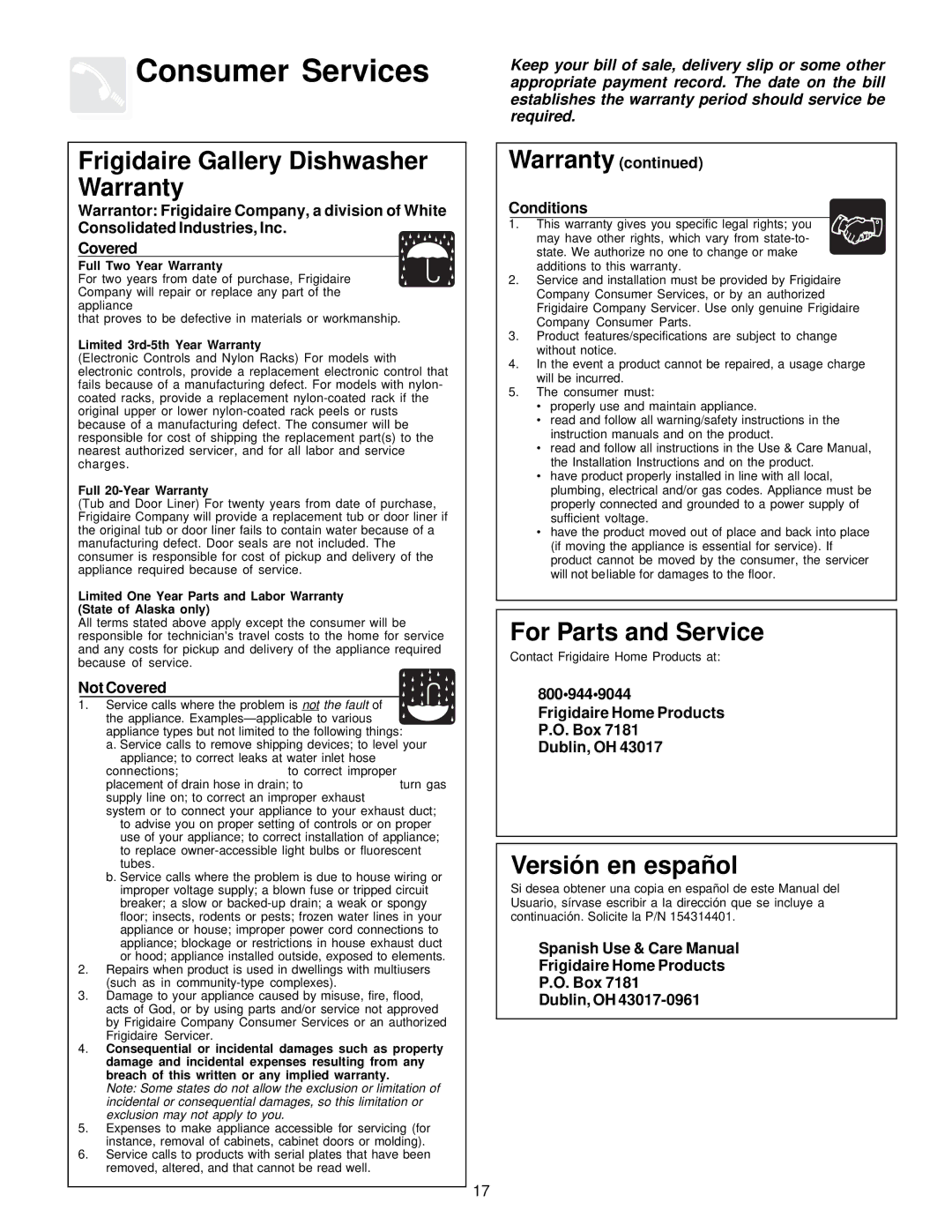 Frigidaire FDB836 manual Consumer Services, Frigidaire Gallery Dishwasher Warranty 