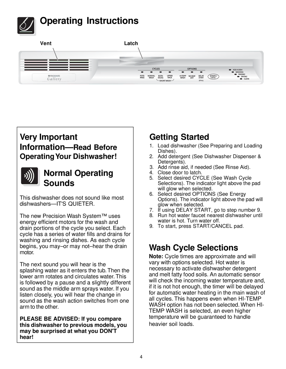 Frigidaire FDB836 manual Operating Instructions, Very Important Information- Read Before, Normal Operating Sounds 