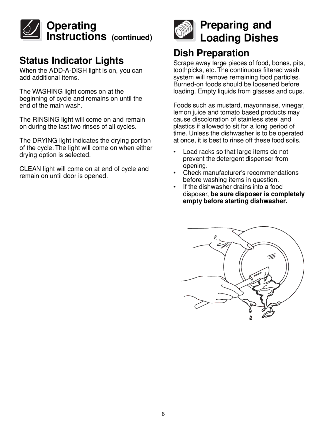 Frigidaire FDB836 manual Preparing Loading Dishes, Status Indicator Lights, Dish Preparation 