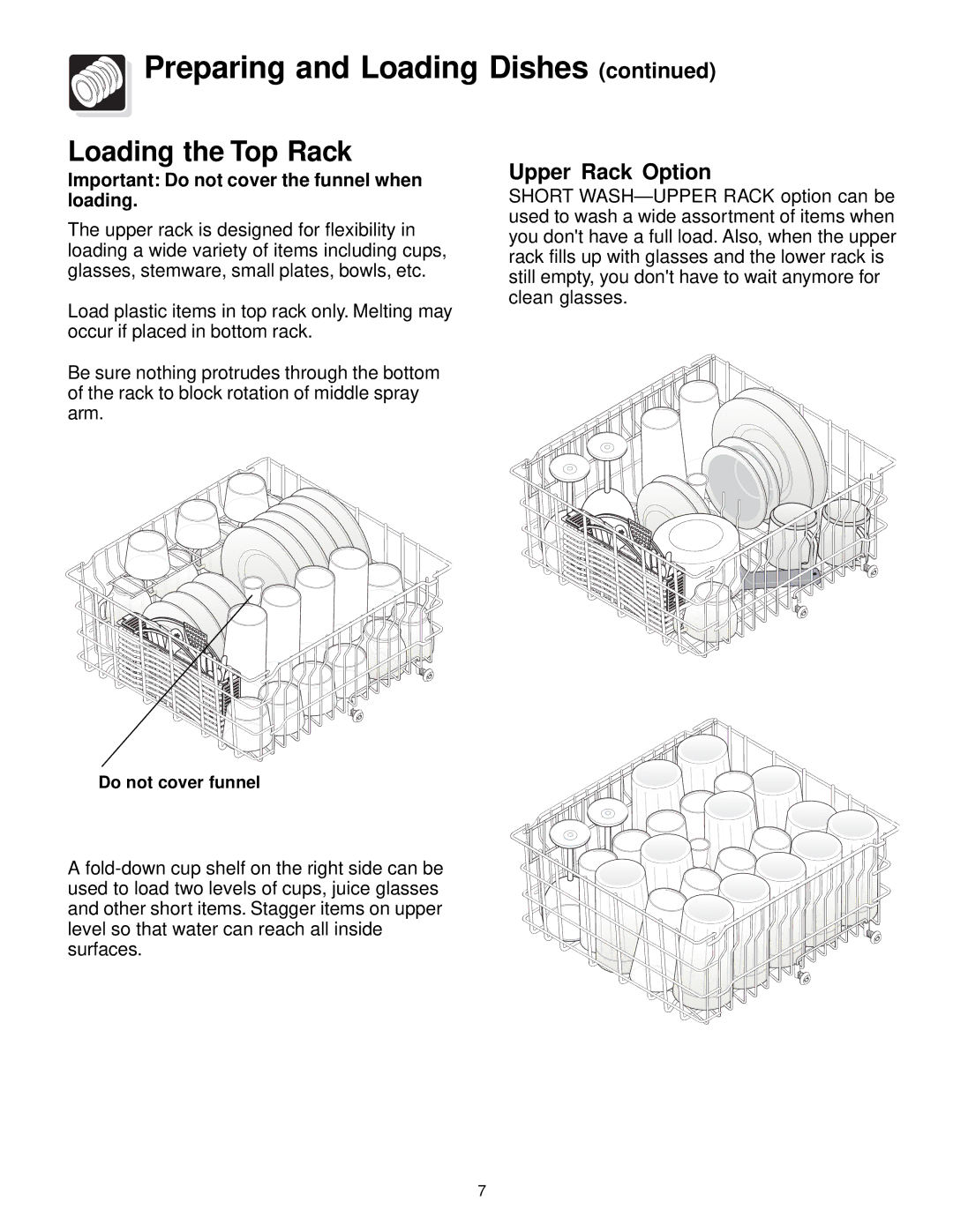 Frigidaire FDB836 manual Preparing and Loading Dishes, Loading the Top Rack, Upper Rack Option 