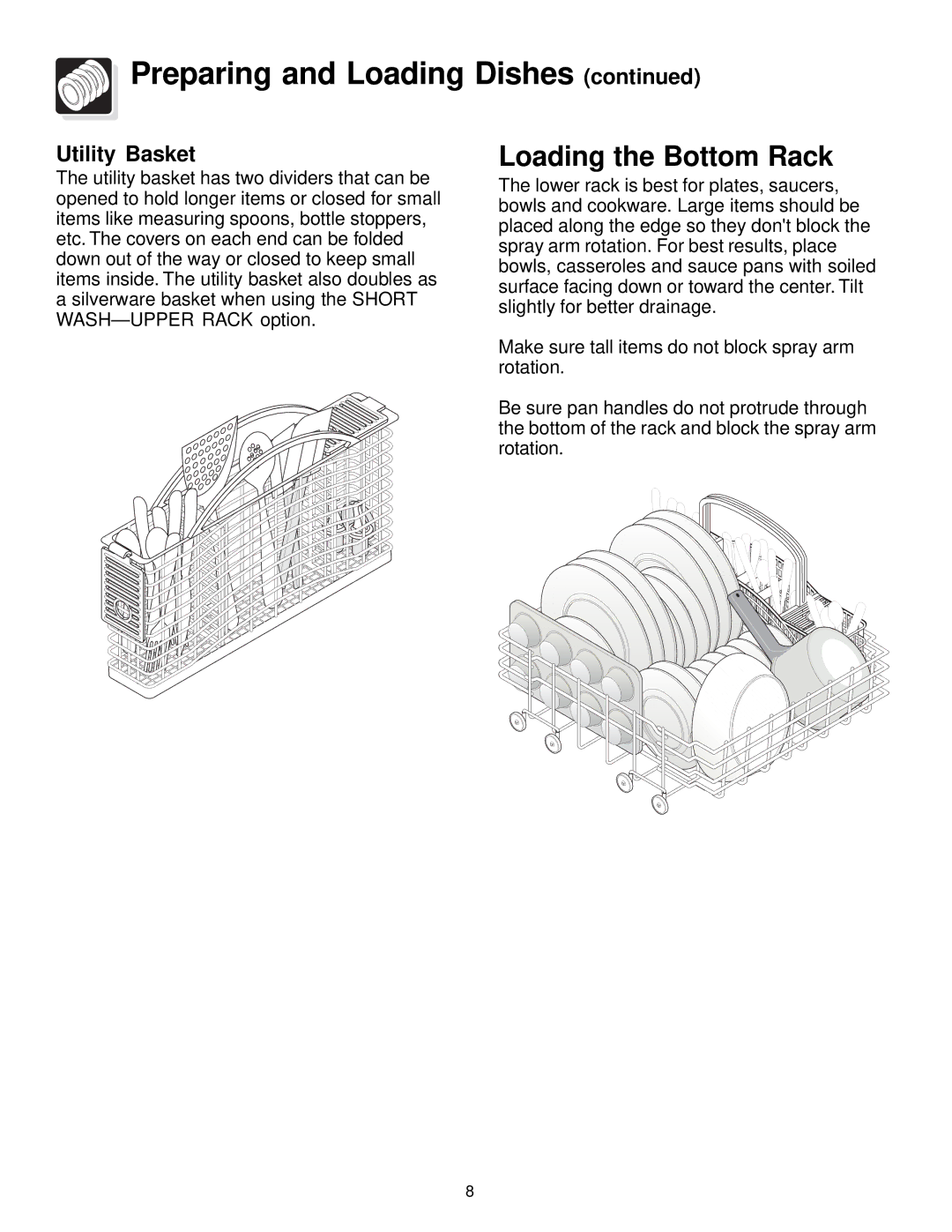 Frigidaire FDB836 manual Loading the Bottom Rack, Utility Basket 