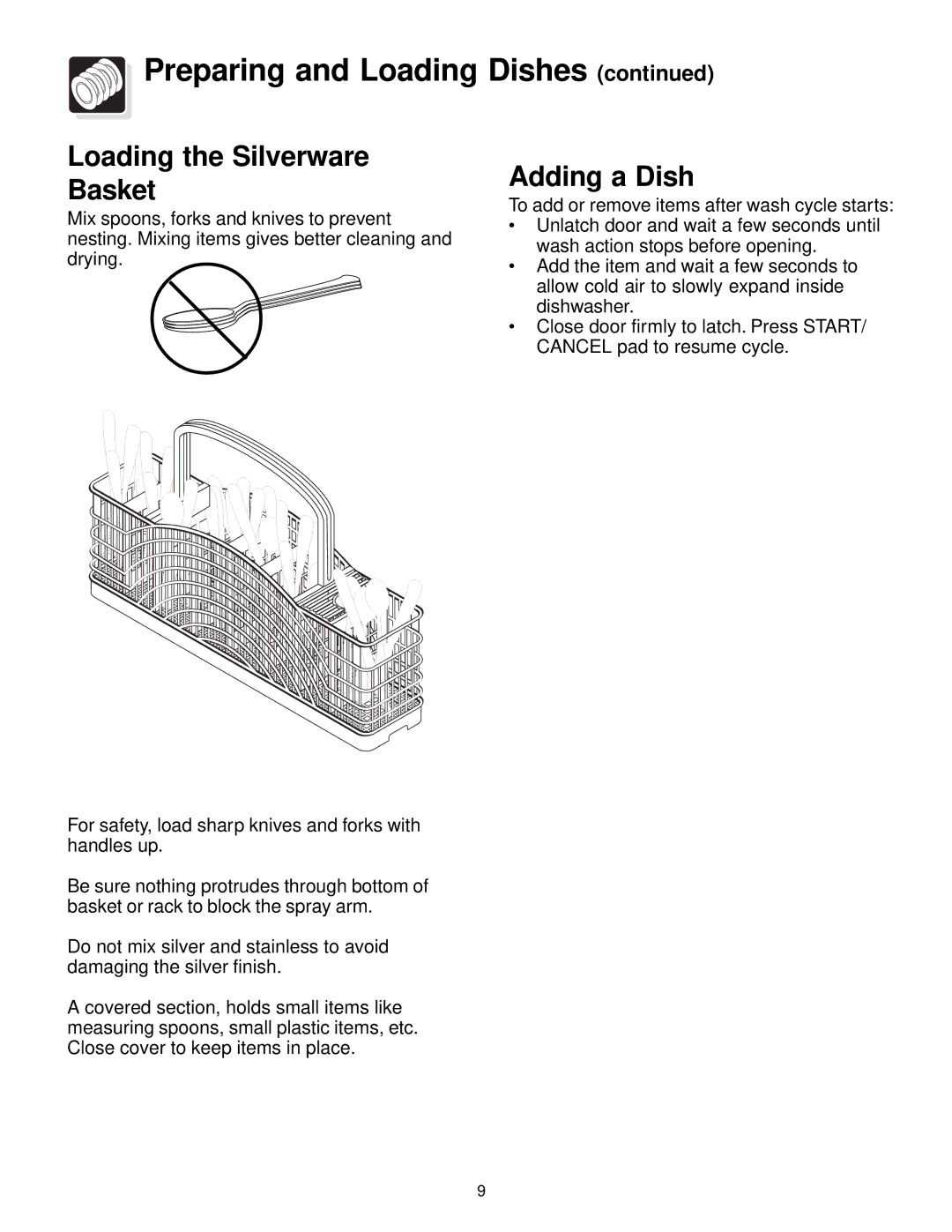 Frigidaire FDB836 manual Loading the Silverware Basket, Adding a Dish 