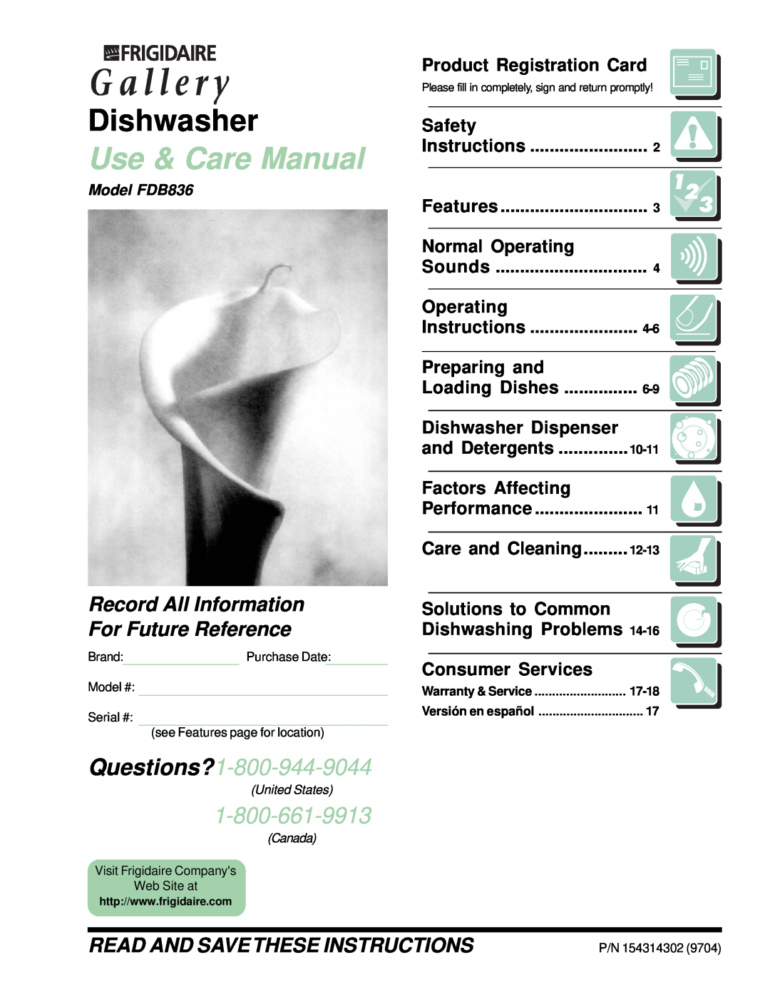 Frigidaire FDB836 manual Dishwasher, Use & Care Manual, Questions?1-800-944-9044, Read And Save These Instructions 