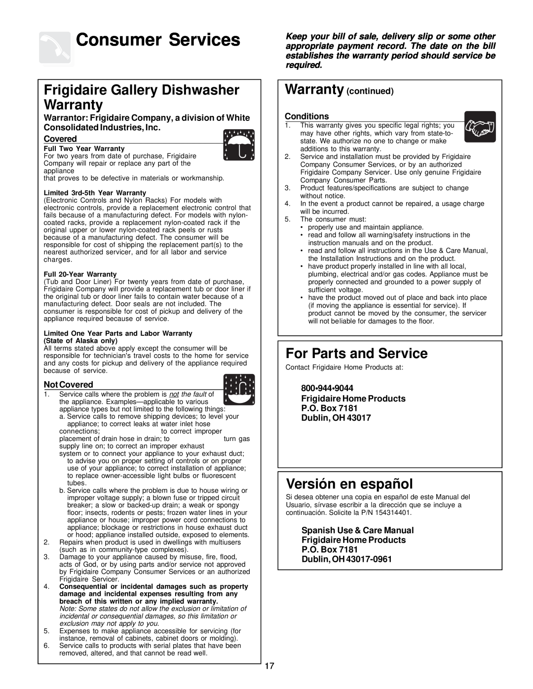 Frigidaire FDB836 Consumer Services, Frigidaire Gallery Dishwasher Warranty, For Parts and Service, Versión en español 