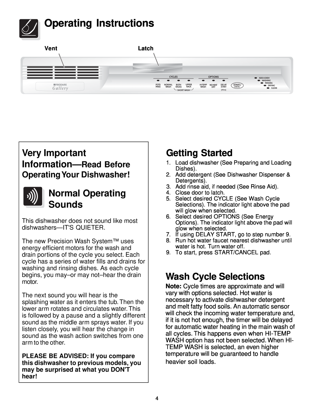 Frigidaire FDB836 manual Operating Instructions, Very Important Information- Read Before, Normal Operating Sounds 