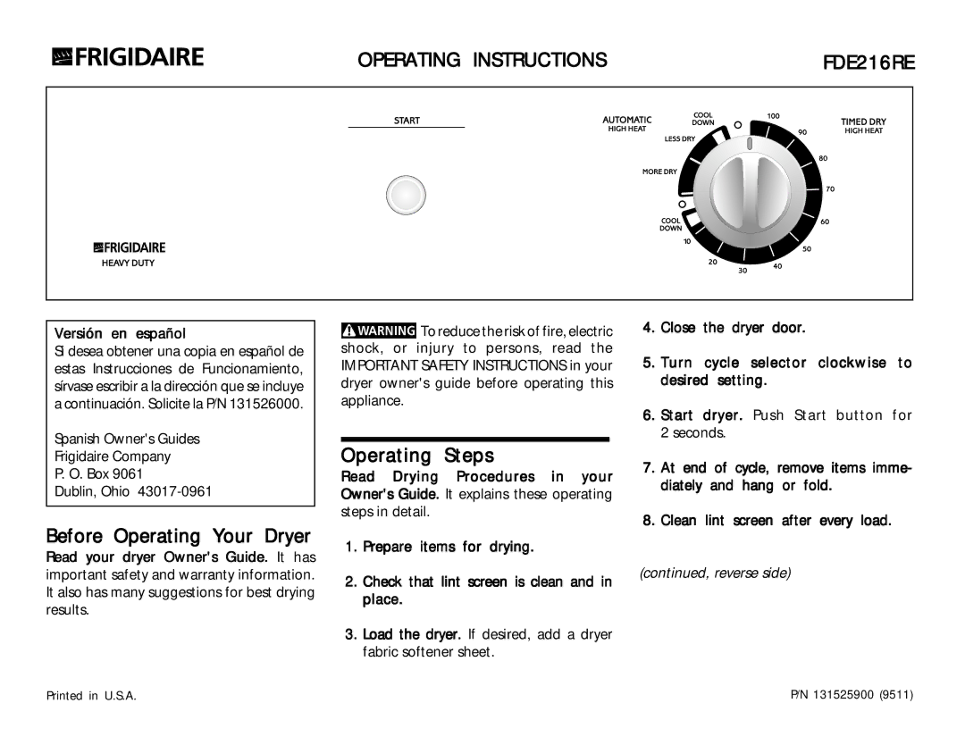 Frigidaire FDE216RE important safety instructions Before Operating Your Dryer, Operating Steps, Versión en español 